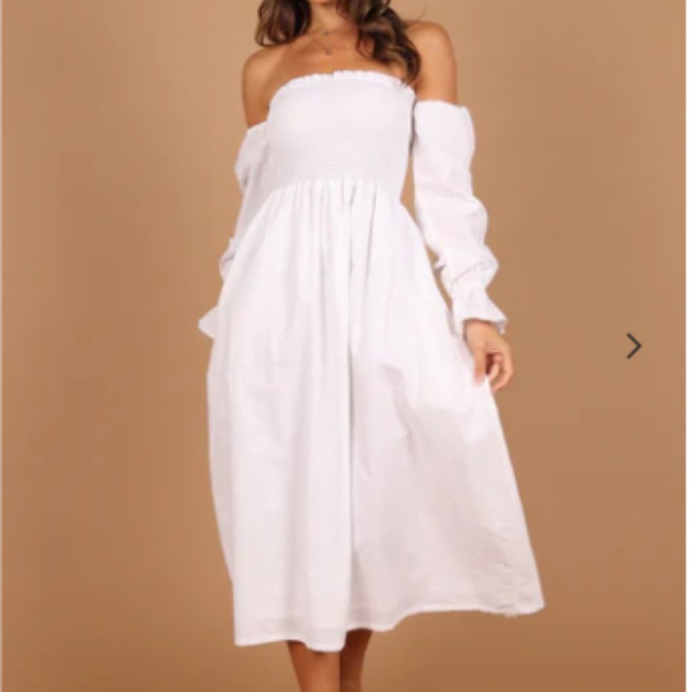 DOMENICA SHIRRED LONG SLEEVE MIDI DRESS - WHITE